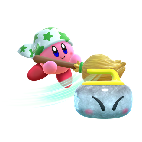 Amazingly, they’ve not yet made a Kirby curling game, but there’s hope yet. This is promo art for March’s Switch game Kirby Star Allies